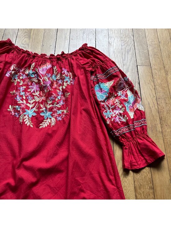 Free People Size S Red Fleur Du Jour Floral Embroidered Boho Off Shoulder Dress - Picture 5 of 16